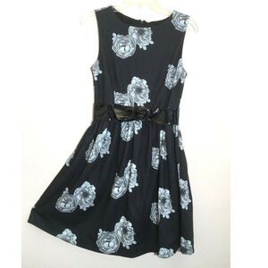IMAN sz XS Black White Roses Sleeveless Fit & Flare Sun Party Dress Excellent